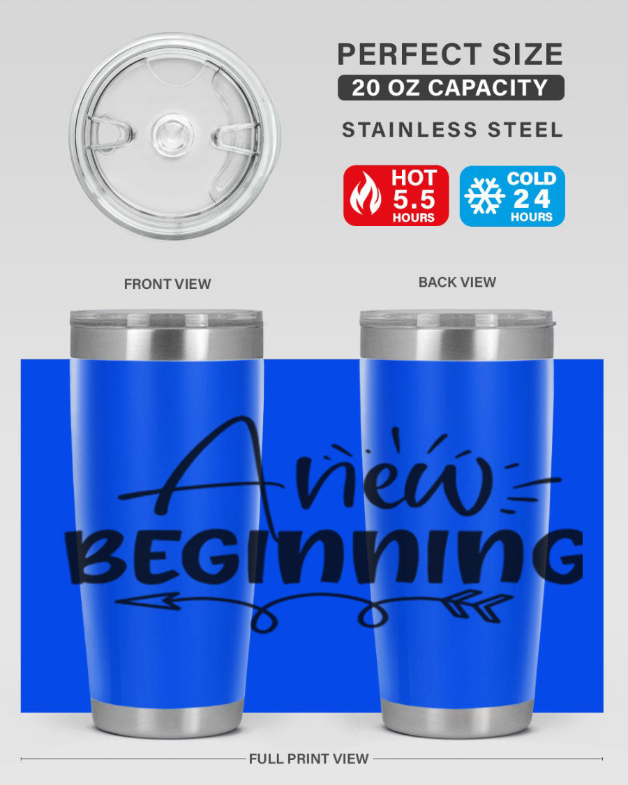 A New Beginning 20oz Tumbler in stainless steel with a vibrant spring design, showcasing its double wall vacuum insulation and drink-thru lid.