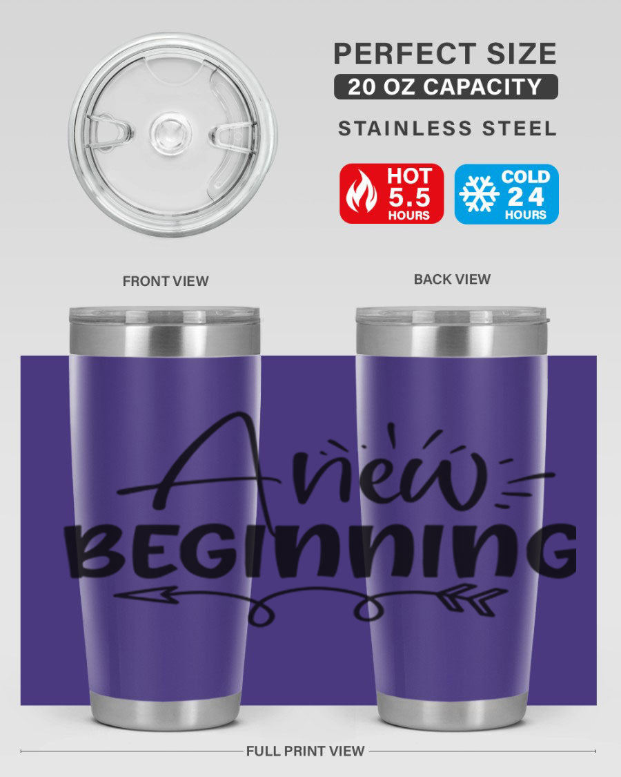 A New Beginning 20oz Tumbler in stainless steel with a vibrant spring design, showcasing its double wall vacuum insulation and drink-thru lid.