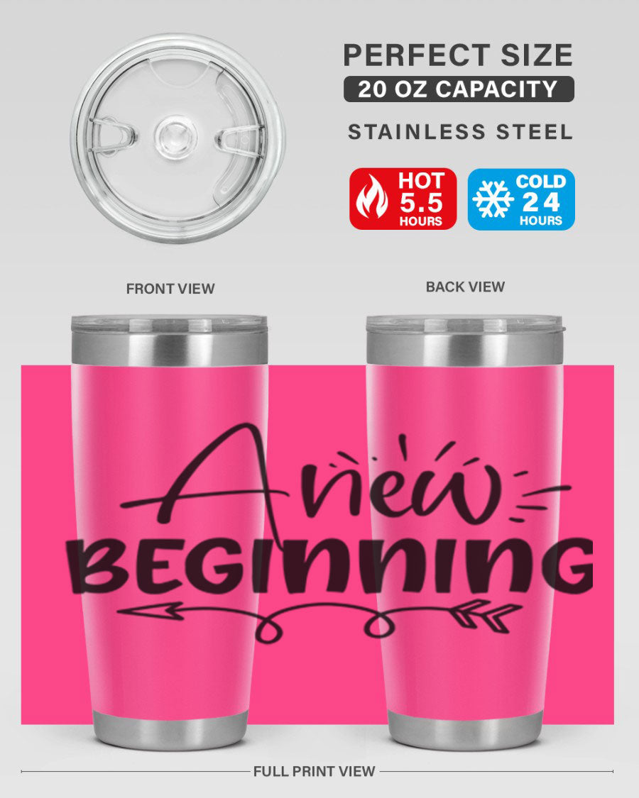 A New Beginning 20oz Tumbler in stainless steel with a vibrant spring design, showcasing its double wall vacuum insulation and drink-thru lid.