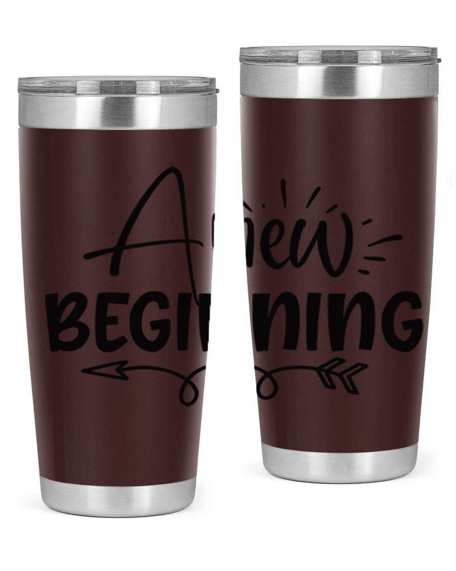 A New Beginning 20oz Tumbler in stainless steel with a vibrant spring design, showcasing its double wall vacuum insulation and drink-thru lid.