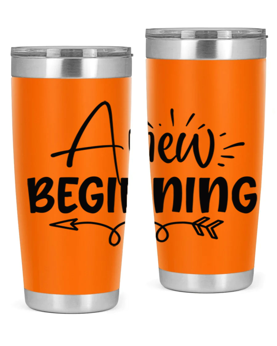 A New Beginning 20oz Tumbler in stainless steel with a vibrant spring design, showcasing its double wall vacuum insulation and drink-thru lid.