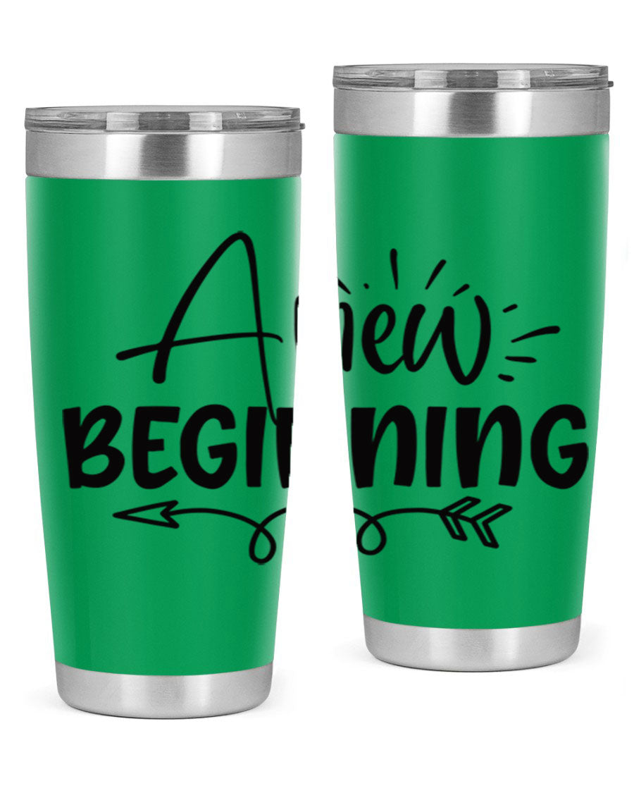 A New Beginning 20oz Tumbler in stainless steel with a vibrant spring design, showcasing its double wall vacuum insulation and drink-thru lid.