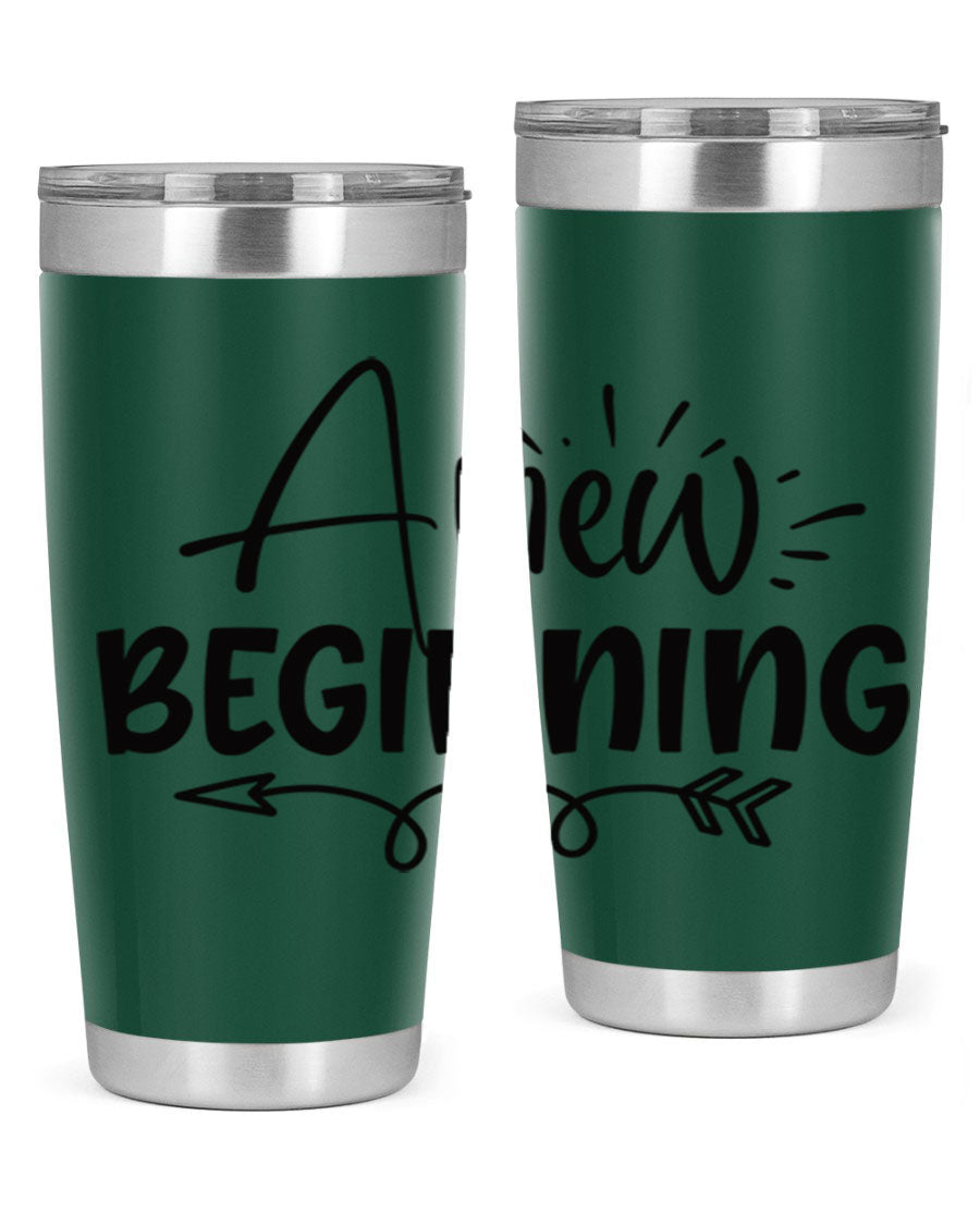 A New Beginning 20oz Tumbler in stainless steel with a vibrant spring design, showcasing its double wall vacuum insulation and drink-thru lid.