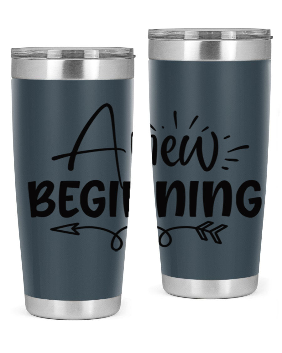 A New Beginning 20oz Tumbler in stainless steel with a vibrant spring design, showcasing its double wall vacuum insulation and drink-thru lid.
