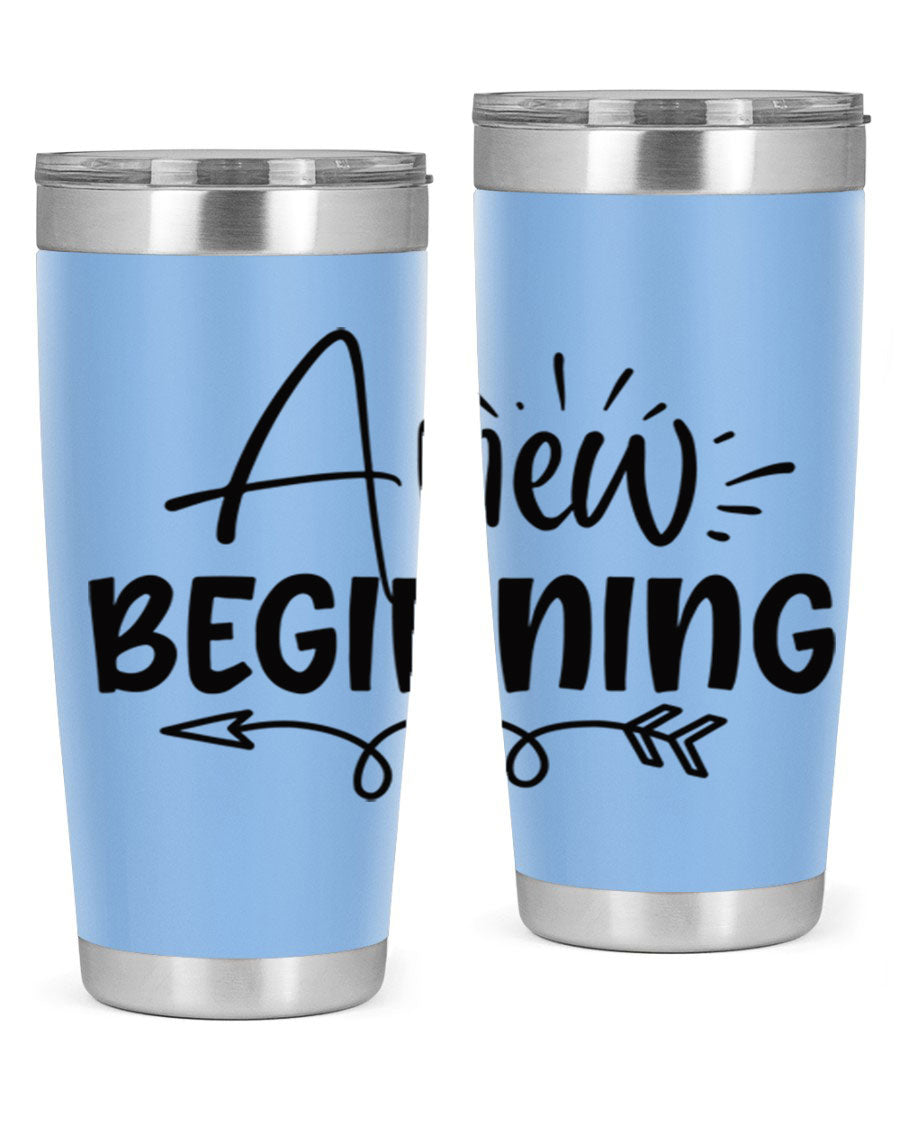 A New Beginning 20oz Tumbler in stainless steel with a vibrant spring design, showcasing its double wall vacuum insulation and drink-thru lid.