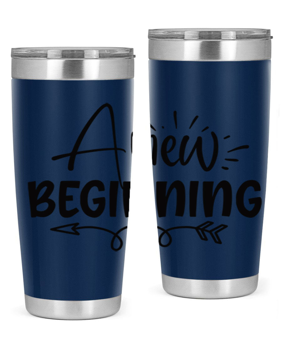 A New Beginning 20oz Tumbler in stainless steel with a vibrant spring design, showcasing its double wall vacuum insulation and drink-thru lid.