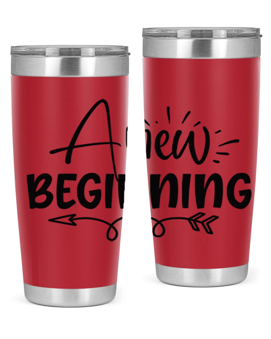 A New Beginning 20oz Tumbler in stainless steel with a vibrant spring design, showcasing its double wall vacuum insulation and drink-thru lid.