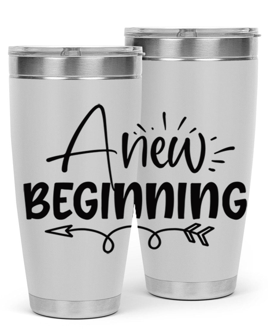 A New Beginning 20oz Tumbler in stainless steel with a vibrant spring design, showcasing its double wall vacuum insulation and drink-thru lid.