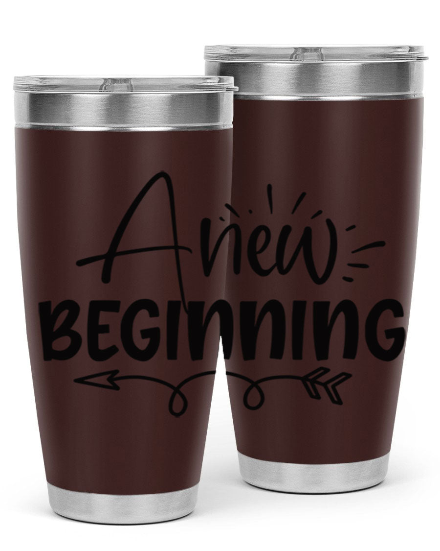 A New Beginning 20oz Tumbler in stainless steel with a vibrant spring design, showcasing its double wall vacuum insulation and drink-thru lid.