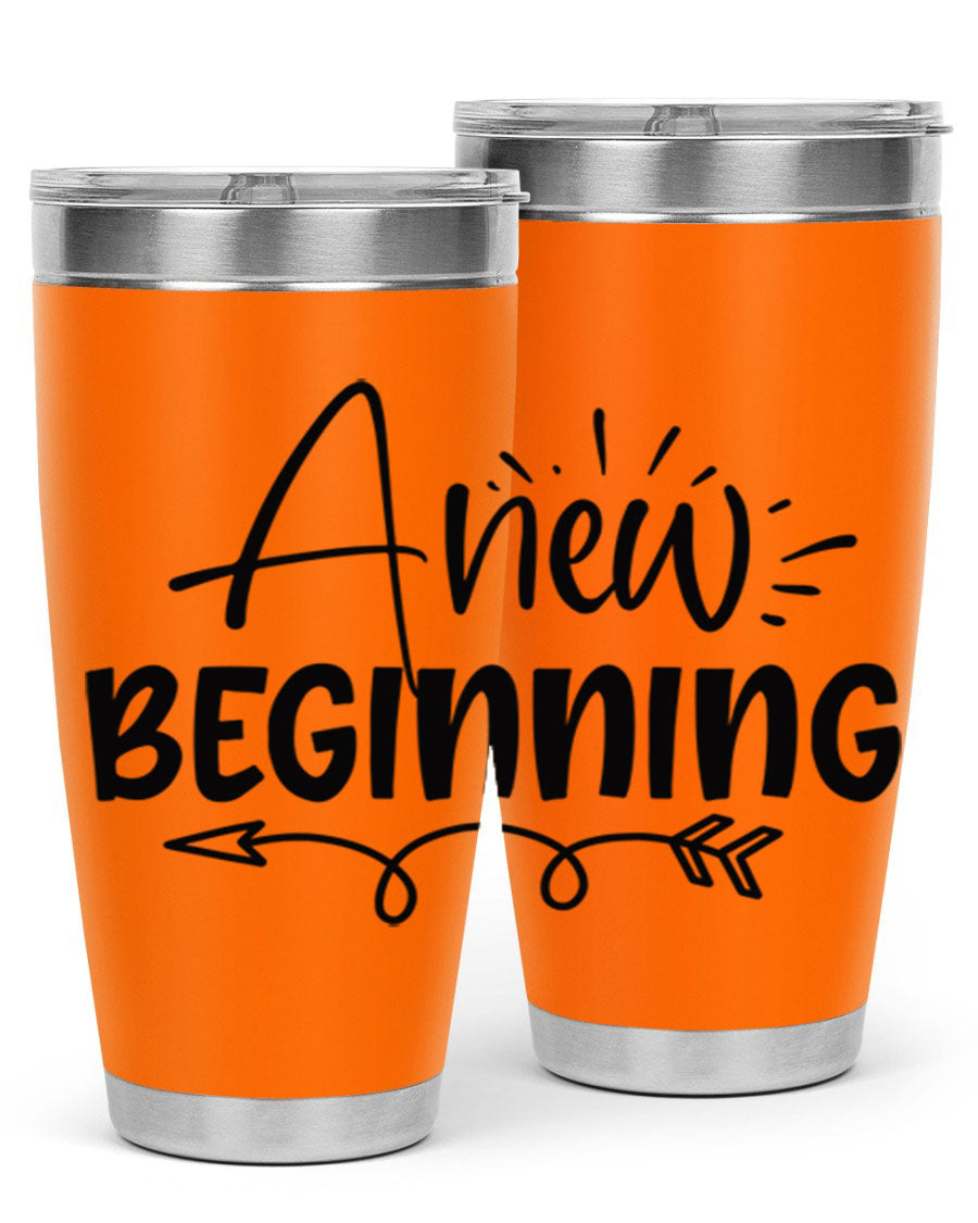 A New Beginning 20oz Tumbler in stainless steel with a vibrant spring design, showcasing its double wall vacuum insulation and drink-thru lid.