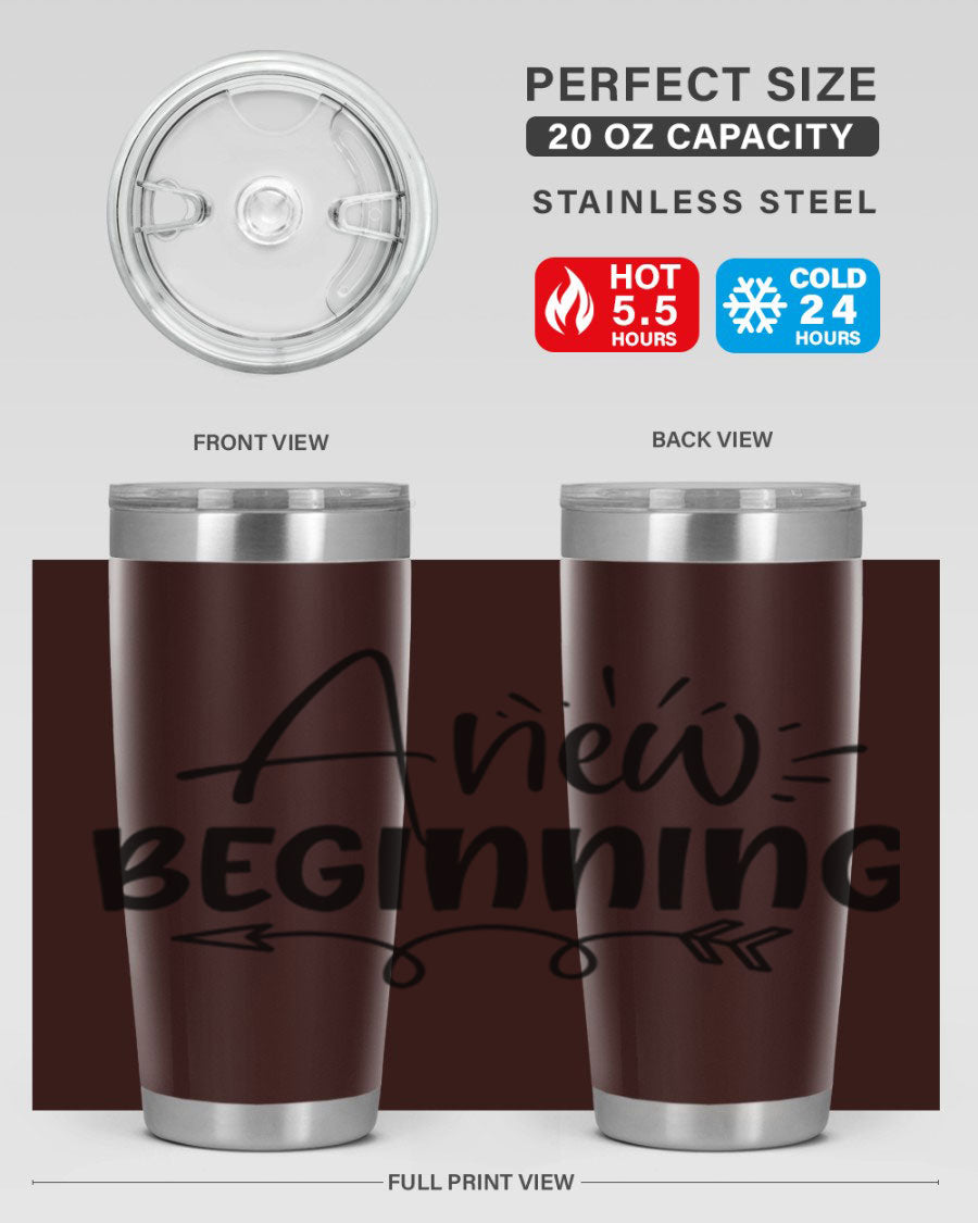 A New Beginning 20oz Tumbler in stainless steel with a vibrant spring design, showcasing its double wall vacuum insulation and drink-thru lid.