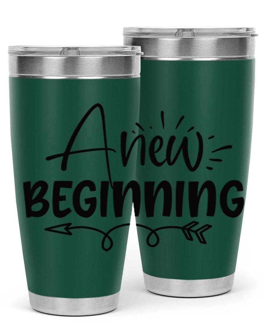 A New Beginning 20oz Tumbler in stainless steel with a vibrant spring design, showcasing its double wall vacuum insulation and drink-thru lid.