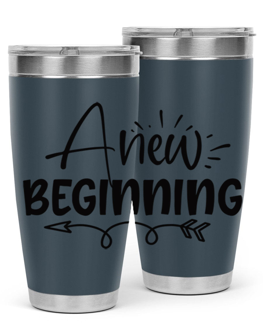 A New Beginning 20oz Tumbler in stainless steel with a vibrant spring design, showcasing its double wall vacuum insulation and drink-thru lid.