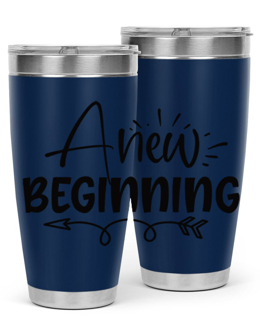 A New Beginning 20oz Tumbler in stainless steel with a vibrant spring design, showcasing its double wall vacuum insulation and drink-thru lid.