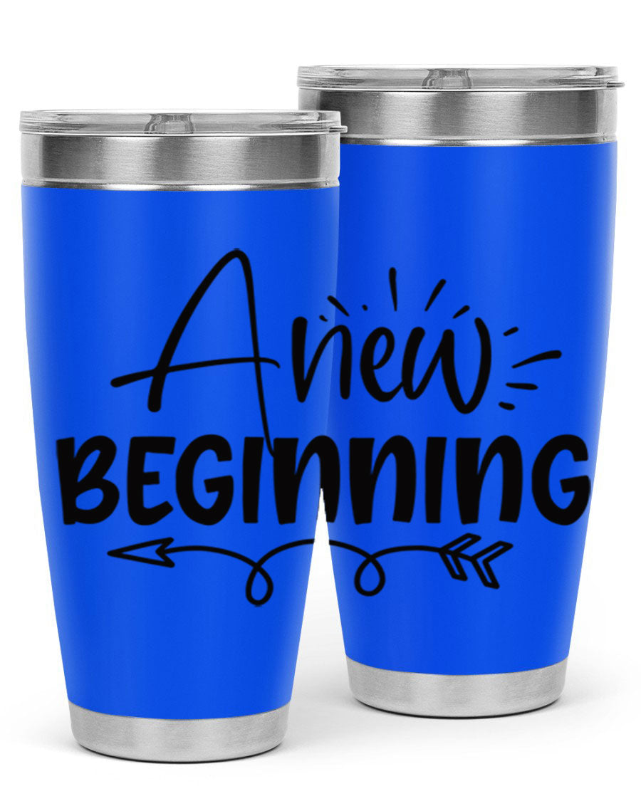 A New Beginning 20oz Tumbler in stainless steel with a vibrant spring design, showcasing its double wall vacuum insulation and drink-thru lid.