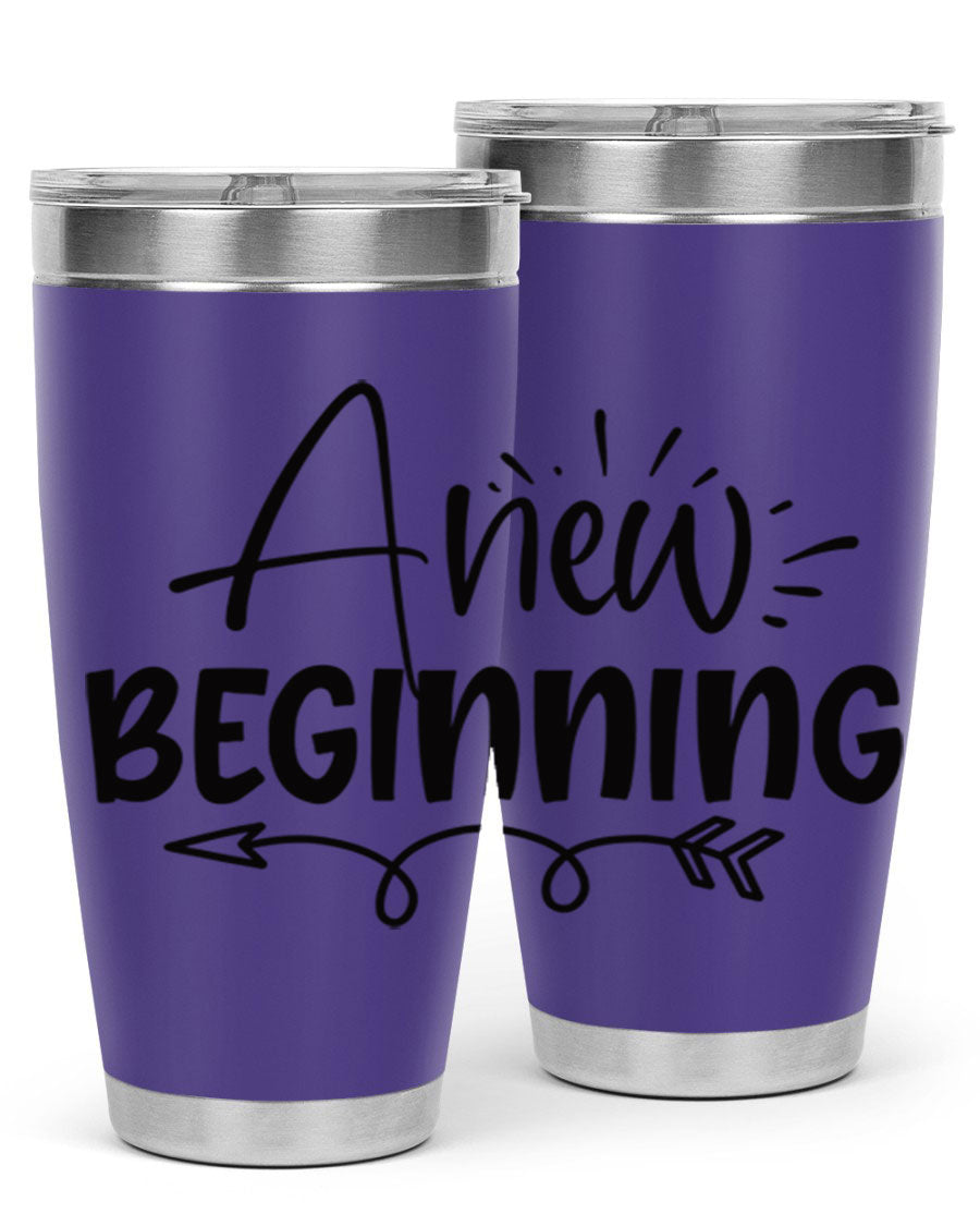 A New Beginning 20oz Tumbler in stainless steel with a vibrant spring design, showcasing its double wall vacuum insulation and drink-thru lid.