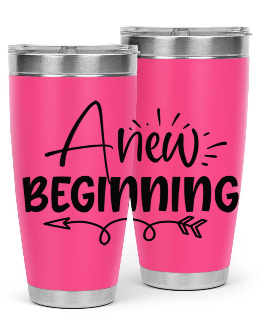 A New Beginning 20oz Tumbler in stainless steel with a vibrant spring design, showcasing its double wall vacuum insulation and drink-thru lid.