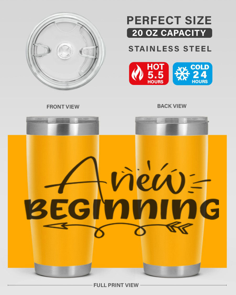 A New Beginning 20oz Tumbler in stainless steel with a vibrant spring design, showcasing its double wall vacuum insulation and drink-thru lid.