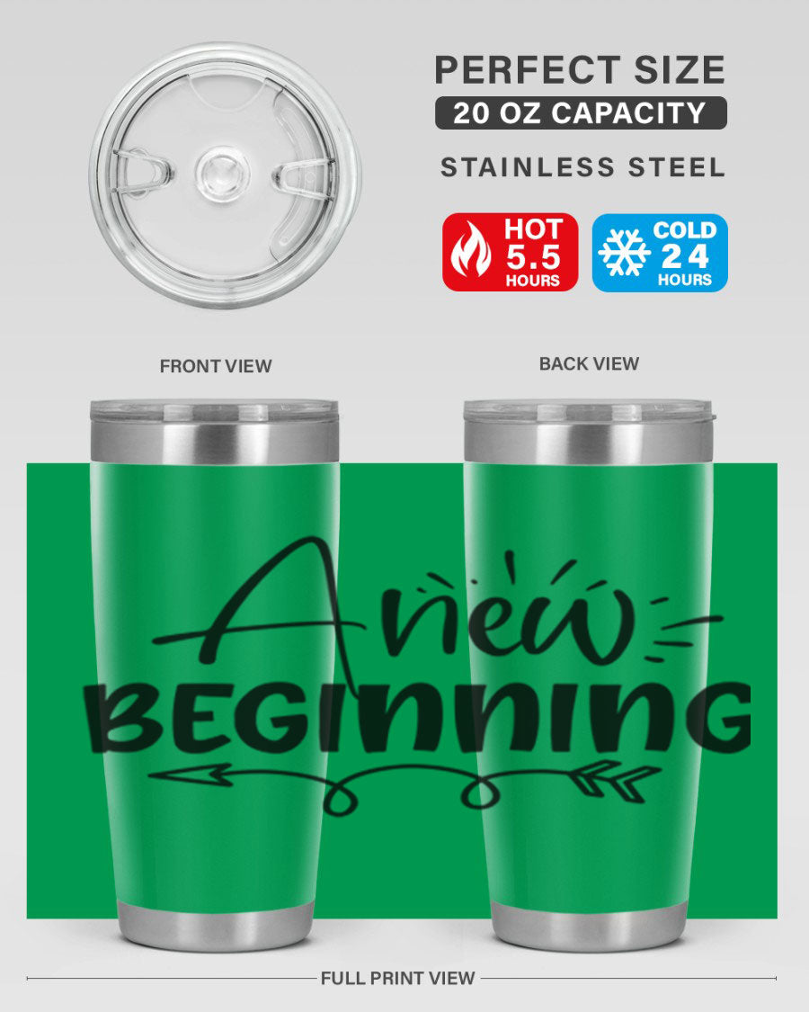 A New Beginning 20oz Tumbler in stainless steel with a vibrant spring design, showcasing its double wall vacuum insulation and drink-thru lid.
