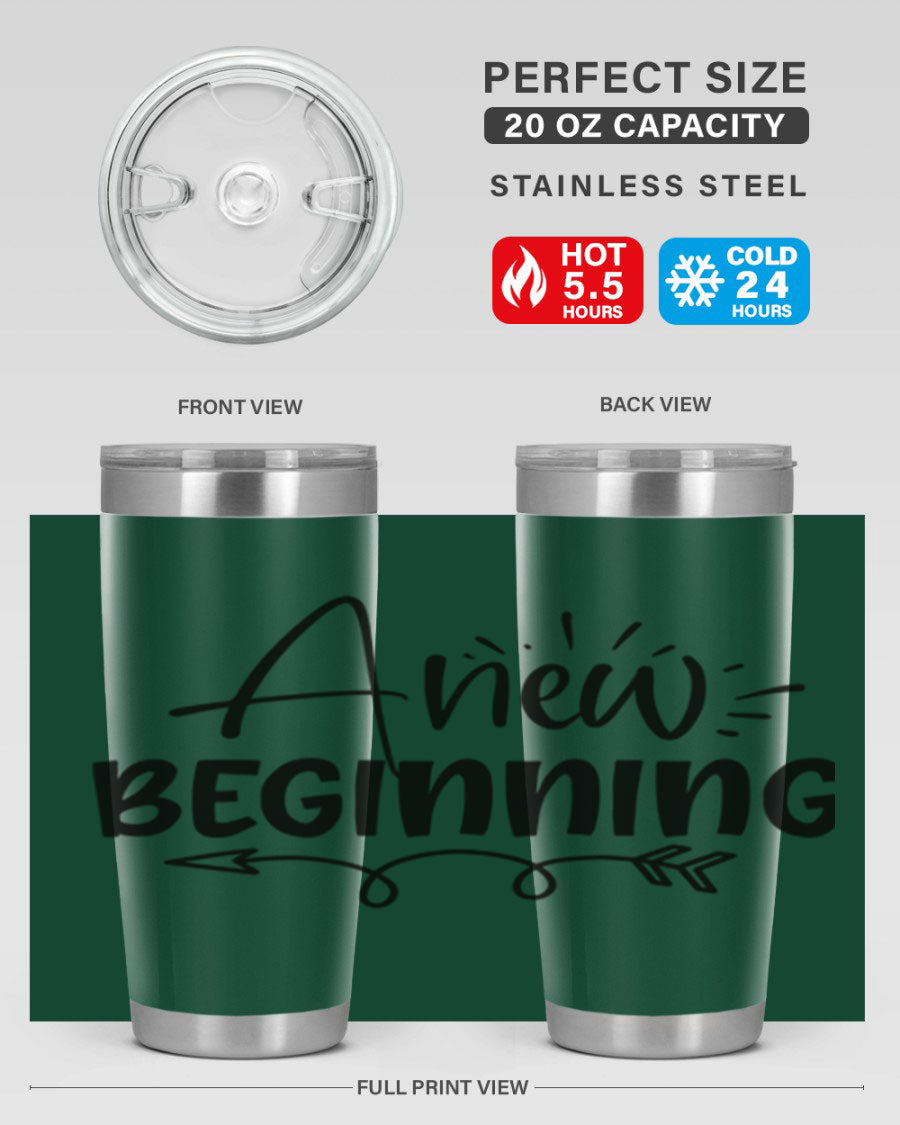A New Beginning 20oz Tumbler in stainless steel with a vibrant spring design, showcasing its double wall vacuum insulation and drink-thru lid.