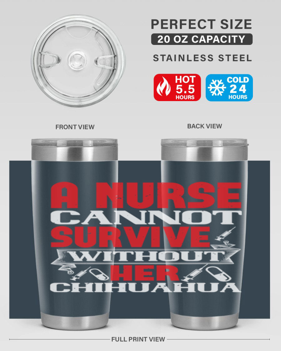 A stylish 20oz stainless steel tumbler featuring a chihuahua design, perfect for nurses to keep their drinks hot or cold.