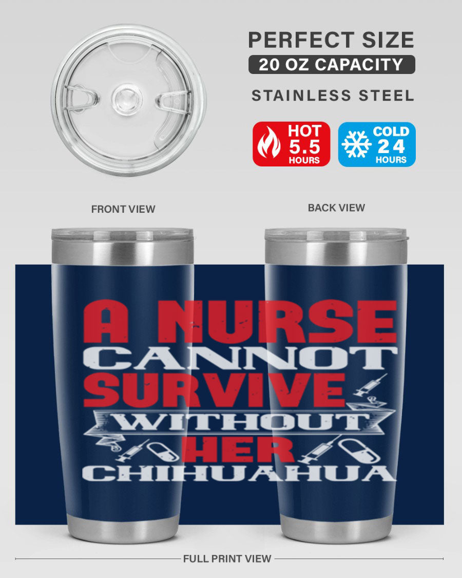 A stylish 20oz stainless steel tumbler featuring a chihuahua design, perfect for nurses to keep their drinks hot or cold.