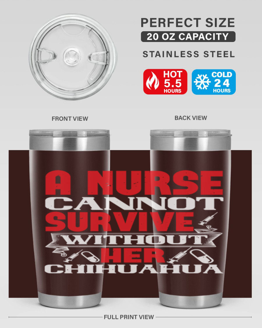 A stylish 20oz stainless steel tumbler featuring a chihuahua design, perfect for nurses to keep their drinks hot or cold.