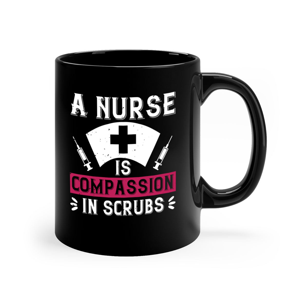 A two-tone ceramic coffee mug with the phrase 'A Nurse is compassion in scrubs' featuring a colored handle and interior, available in multiple colors.