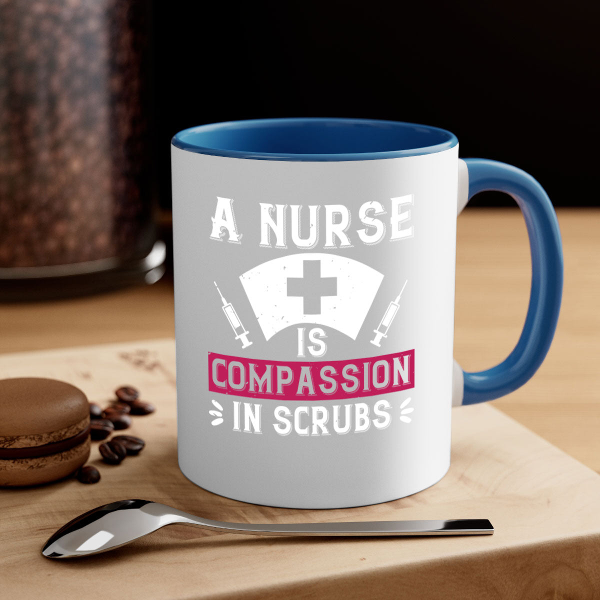 A two-tone ceramic coffee mug with the phrase 'A Nurse is compassion in scrubs' featuring a colored handle and interior, available in multiple colors.
