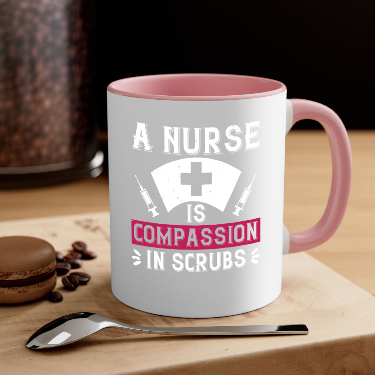 A two-tone ceramic coffee mug with the phrase 'A Nurse is compassion in scrubs' featuring a colored handle and interior, available in multiple colors.