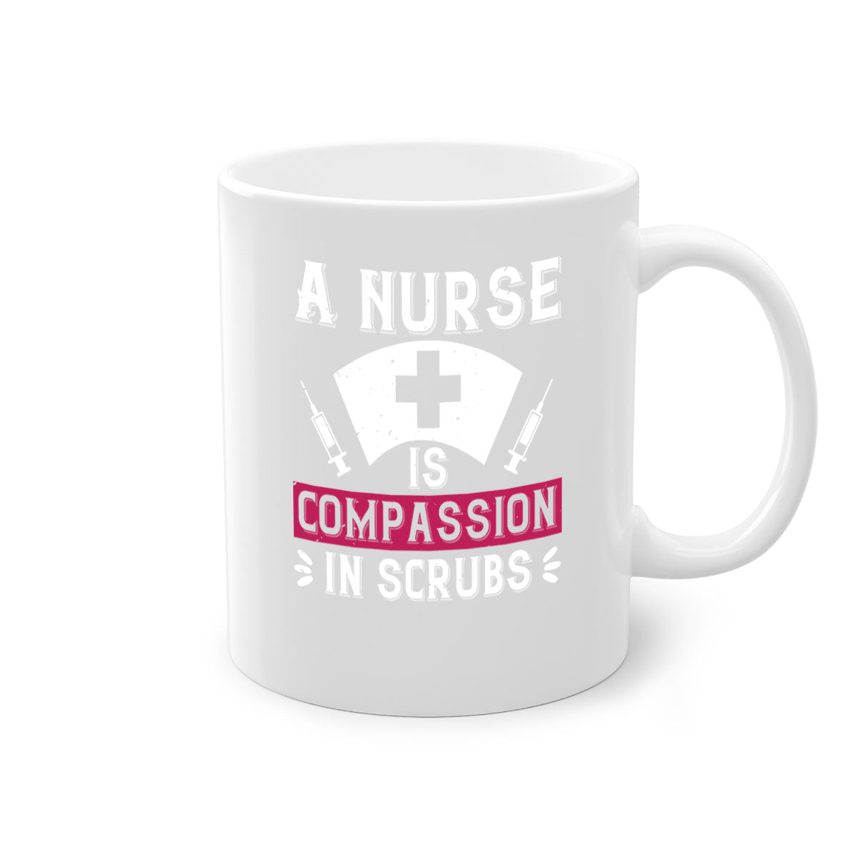 A two-tone ceramic coffee mug with the phrase 'A Nurse is compassion in scrubs' featuring a colored handle and interior, available in multiple colors.