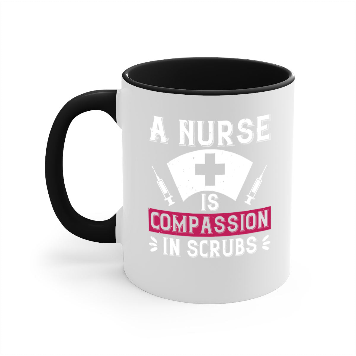 A two-tone ceramic coffee mug with the phrase 'A Nurse is compassion in scrubs' featuring a colored handle and interior, available in multiple colors.
