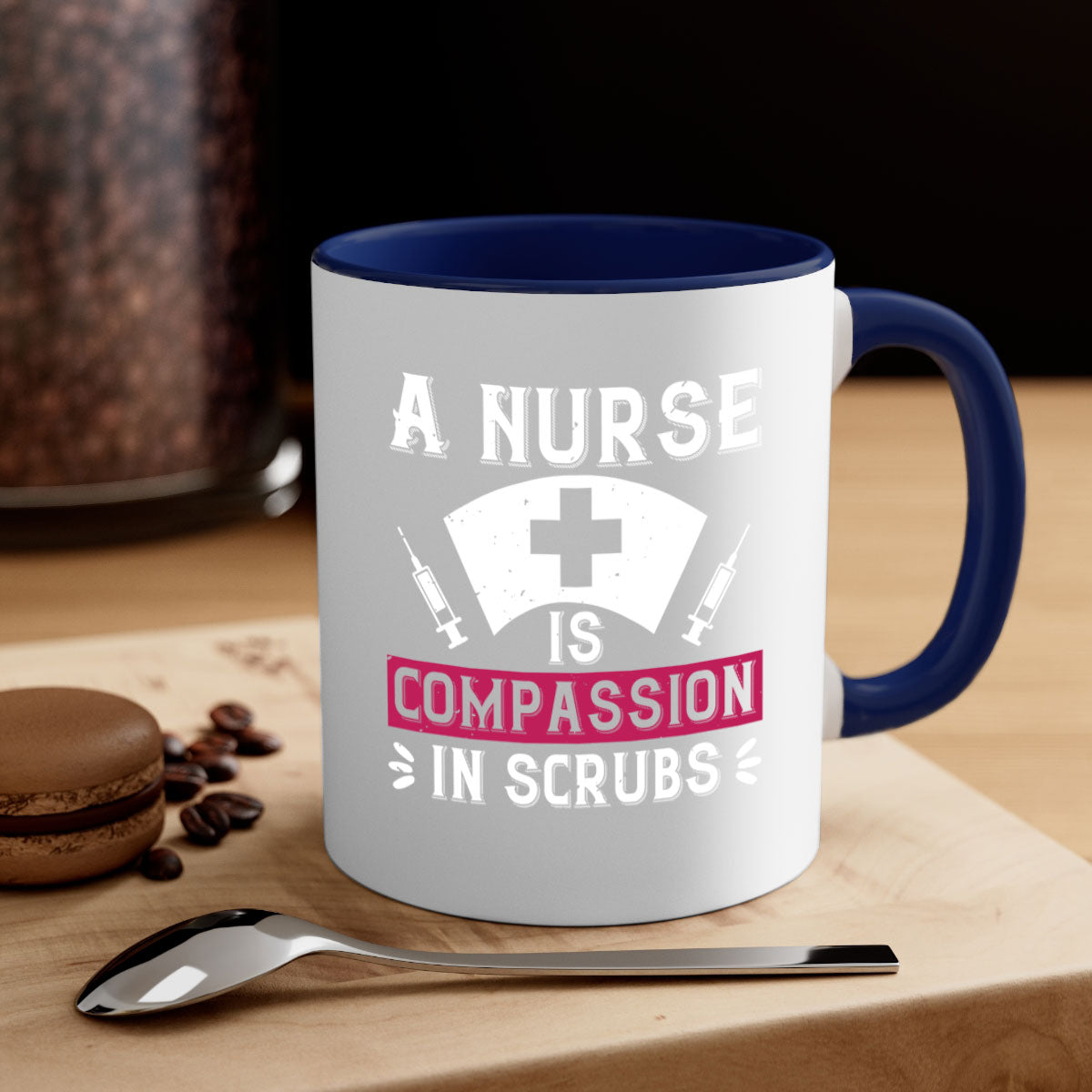 A two-tone ceramic coffee mug with the phrase 'A Nurse is compassion in scrubs' featuring a colored handle and interior, available in multiple colors.