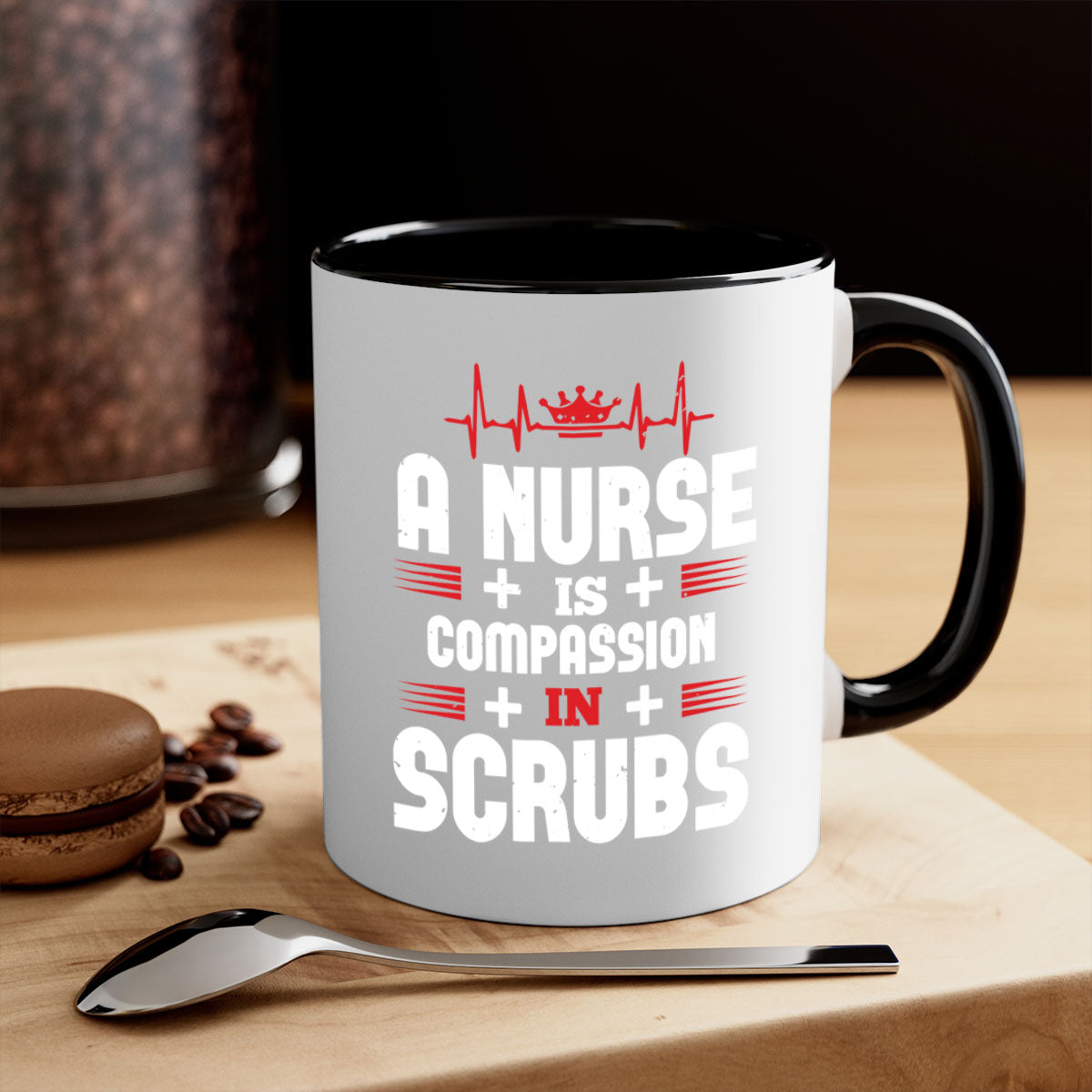 A stylish two-tone ceramic mug featuring the phrase 'A Nurse's Compassion' with a glossy finish and a colored handle.