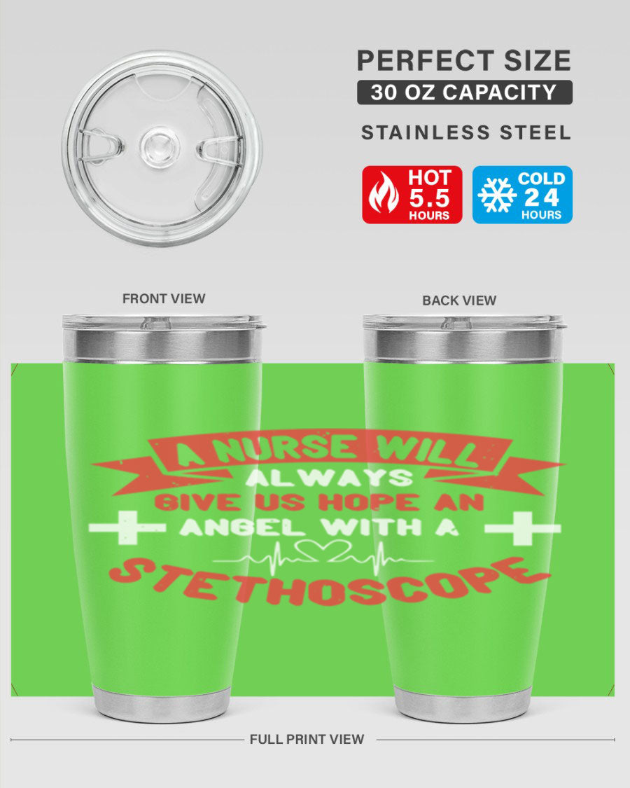 A stylish 20oz tumbler featuring an angel with a stethoscope design, made of stainless steel with a copper lining, perfect for hot and cold beverages.