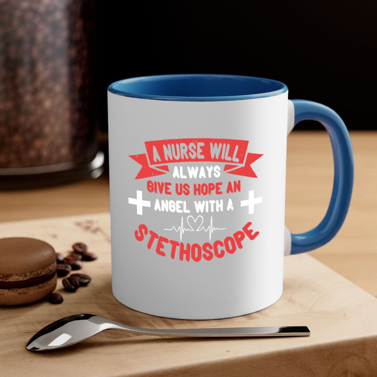 A stylish two-tone ceramic mug featuring an angel with a stethoscope design, perfect for nurses and healthcare professionals.