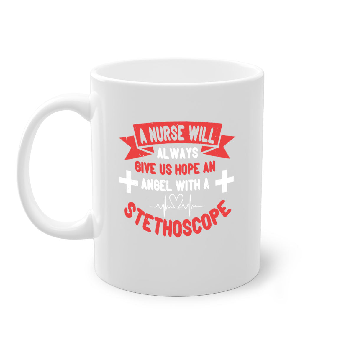 A stylish two-tone ceramic mug featuring an angel with a stethoscope design, perfect for nurses and healthcare professionals.