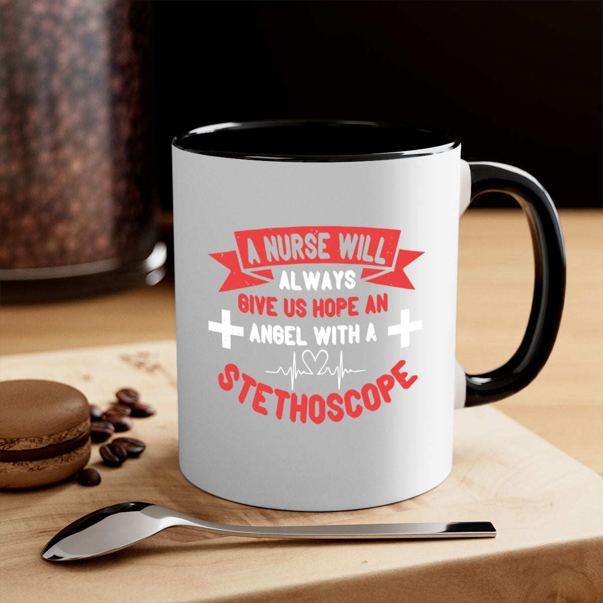 A stylish two-tone ceramic mug featuring an angel with a stethoscope design, perfect for nurses and healthcare professionals.