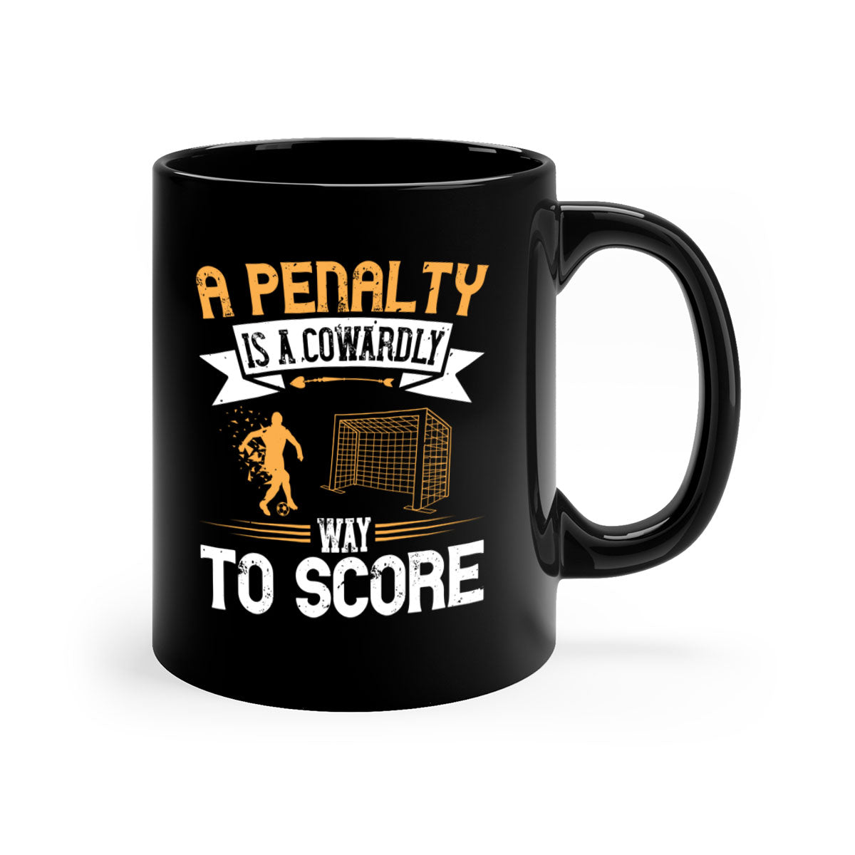 A stylish two-tone soccer mug with a glossy finish, featuring a humorous quote about penalties, available in multiple colors.