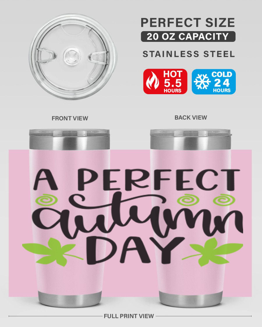 A Perfect Autumn Day 20oz Tumbler featuring double wall vacuum stainless steel and a stylish design, perfect for hot and cold beverages.