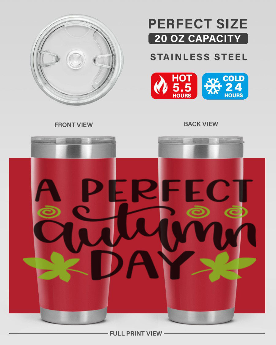 A Perfect Autumn Day 20oz Tumbler featuring double wall vacuum stainless steel and a stylish design, perfect for hot and cold beverages.