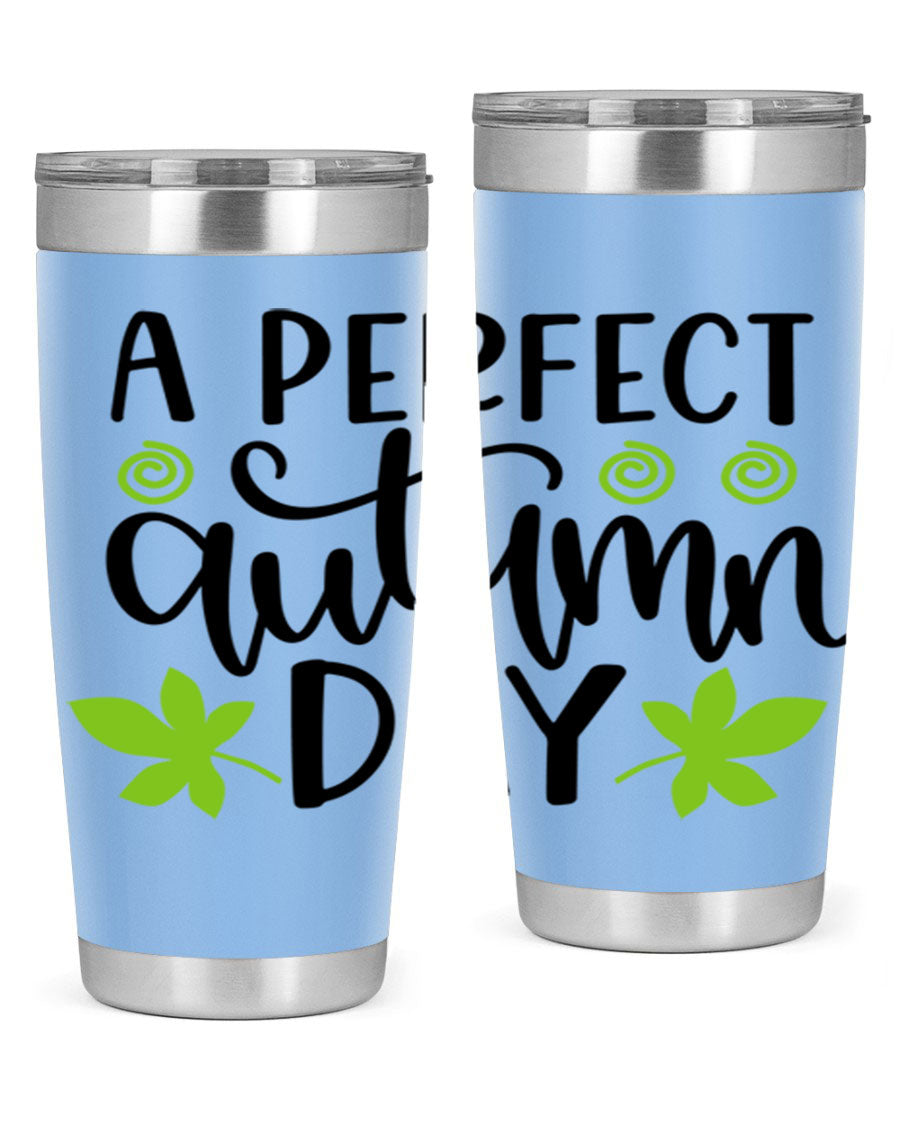 A Perfect Autumn Day 20oz Tumbler featuring double wall vacuum stainless steel and a stylish design, perfect for hot and cold beverages.