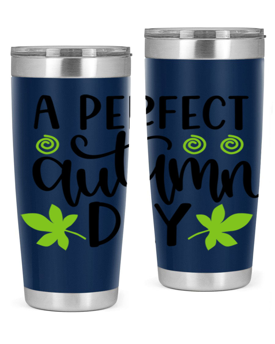 A Perfect Autumn Day 20oz Tumbler featuring double wall vacuum stainless steel and a stylish design, perfect for hot and cold beverages.