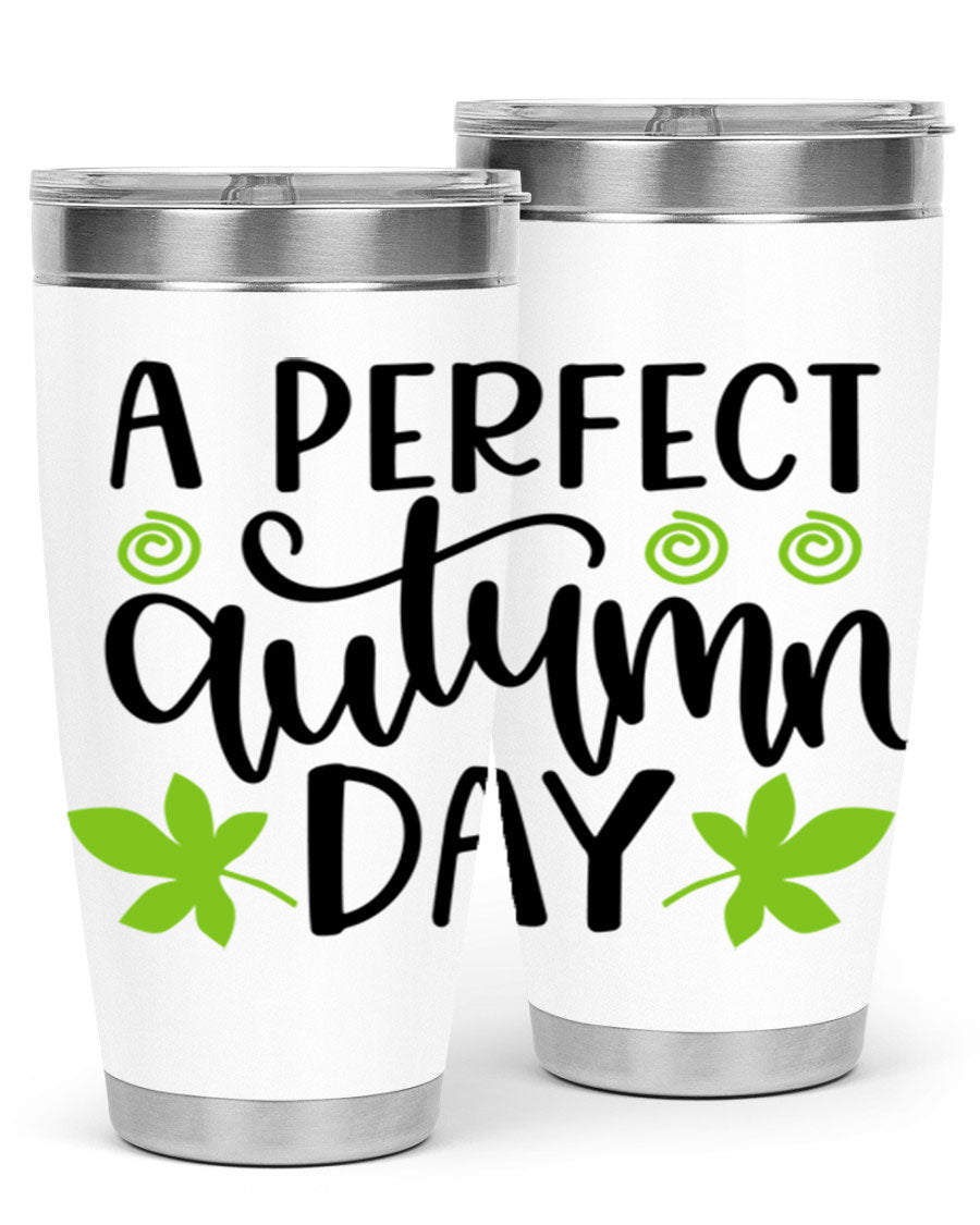 A Perfect Autumn Day 20oz Tumbler featuring double wall vacuum stainless steel and a stylish design, perfect for hot and cold beverages.