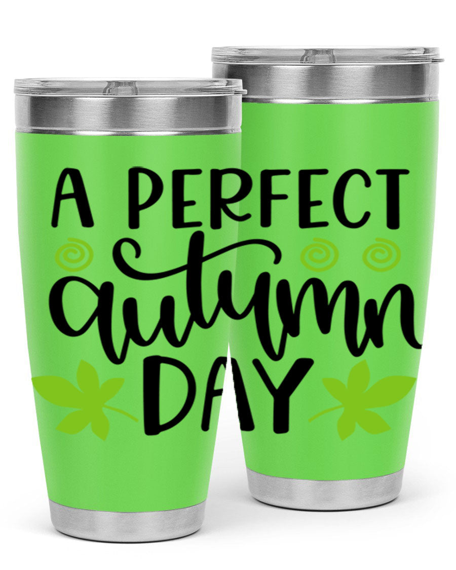 A Perfect Autumn Day 20oz Tumbler featuring double wall vacuum stainless steel and a stylish design, perfect for hot and cold beverages.