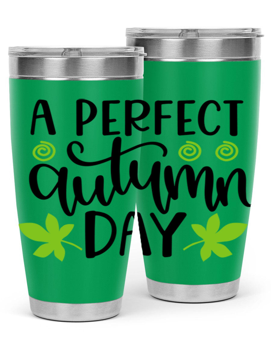 A Perfect Autumn Day 20oz Tumbler featuring double wall vacuum stainless steel and a stylish design, perfect for hot and cold beverages.