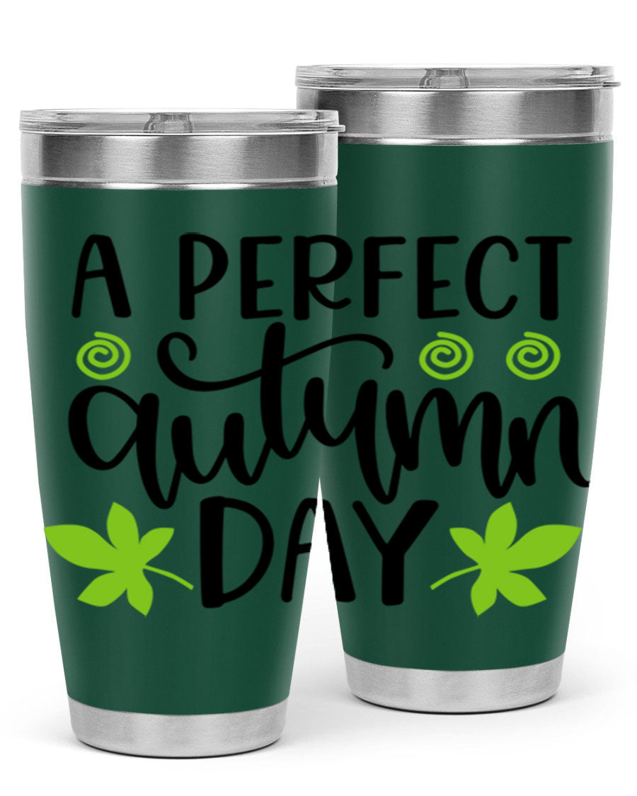 A Perfect Autumn Day 20oz Tumbler featuring double wall vacuum stainless steel and a stylish design, perfect for hot and cold beverages.