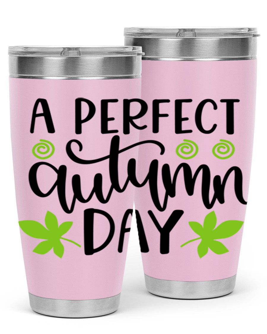 A Perfect Autumn Day 20oz Tumbler featuring double wall vacuum stainless steel and a stylish design, perfect for hot and cold beverages.