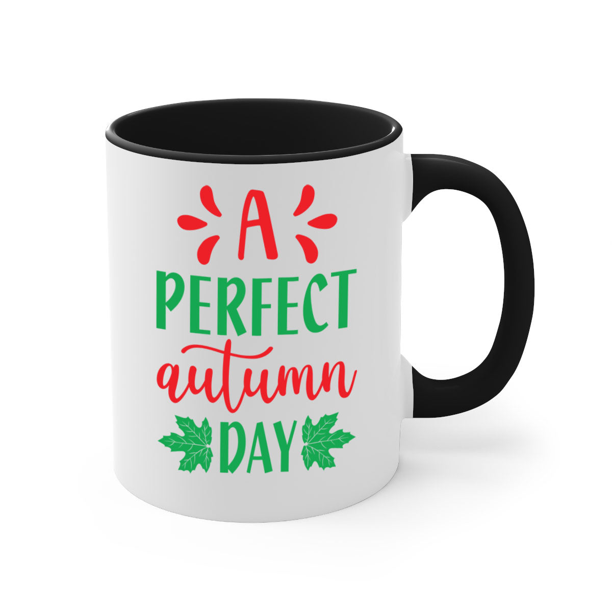A Perfect Autumn Day Mug featuring a glossy finish, colored handle, and interior, available in five vibrant colors.