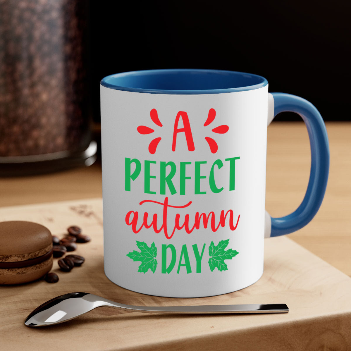 A Perfect Autumn Day Mug featuring a glossy finish, colored handle, and interior, available in five vibrant colors.